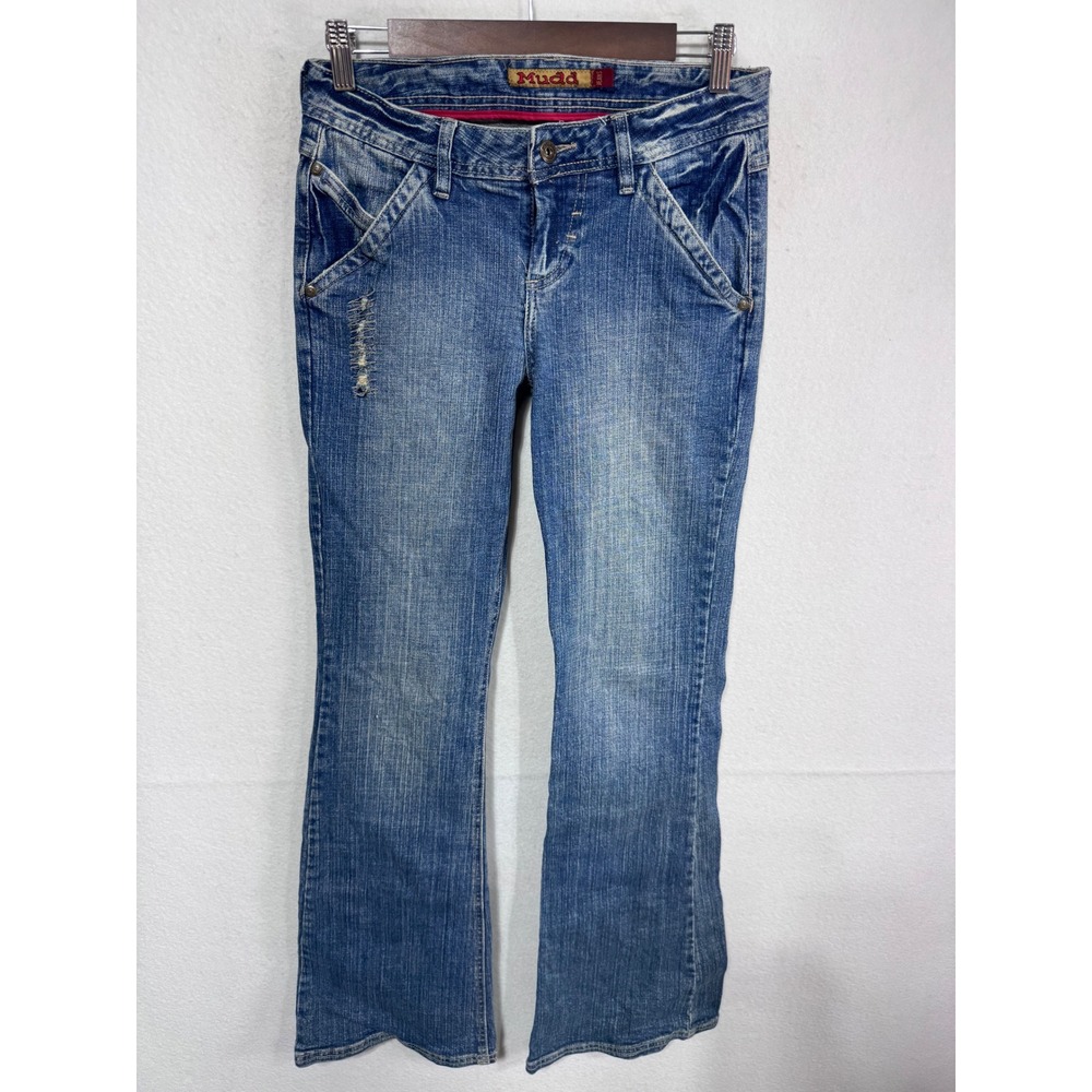 Vintage Mudd Women's Junior Size 5 Blue Jeans Bootcut Distressed Star Patch Y2K